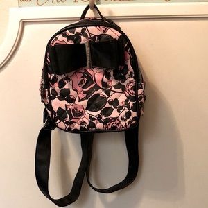 Betsey Johnson Pink Roses Black Bow Mini Backpack- 9” x 10”